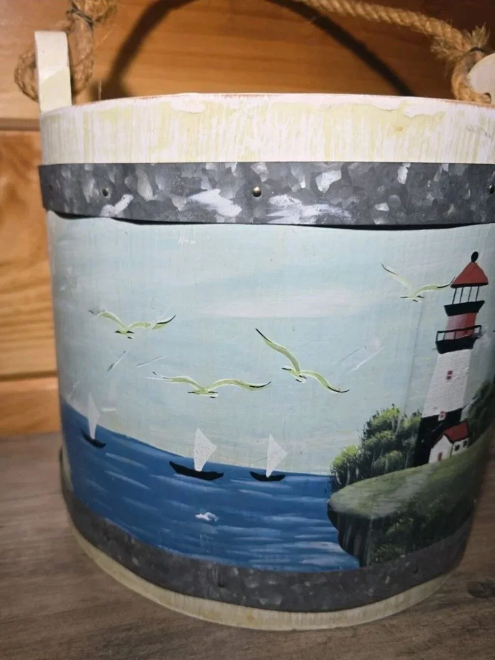 Wooden Bucket Panted Lighthouse Coastal Design With Rope Handle 8.5 Inches Tall